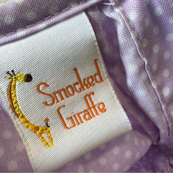 Smocked giraffe - fall/pumpkin dress - purple/white polka dot - size 5 - Picture 2 of 3